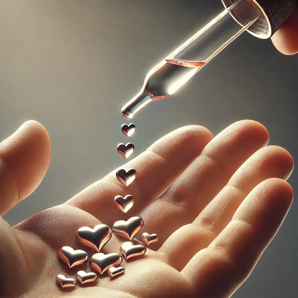 DALL·E 2024-06-25 10.20.37 - A realistic image of a hand holding a dropper. The dropper is releasing small drops shaped like hearts, symbolizing the minimal effort or small bits o