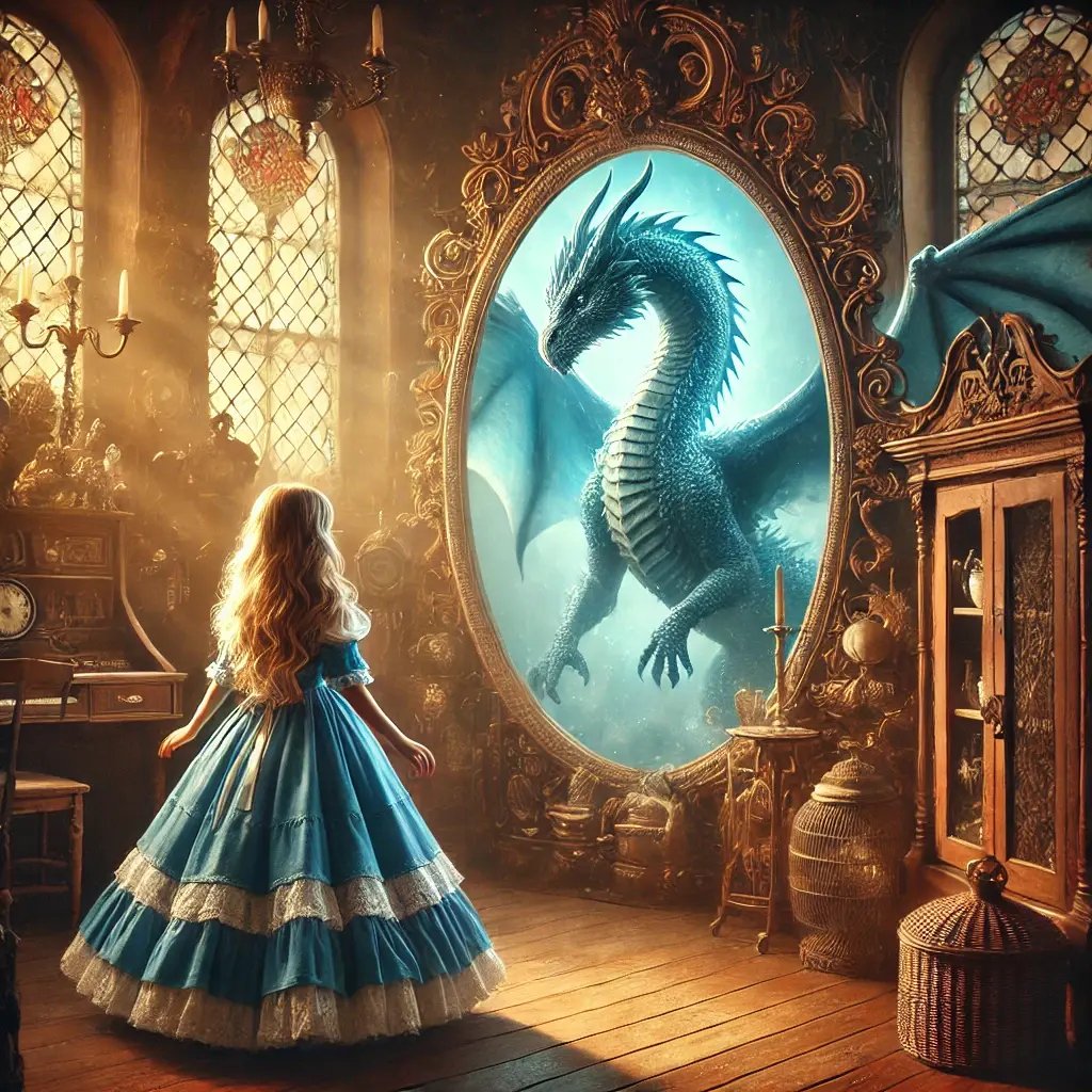 DALL·E 2024-07-08 20.11.35 - A fantasy scene featuring a young girl with long blonde hair, wearing a blue dress with a white apron, standing in an old, ornate room filled with ant