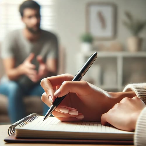 DALL·E 2024-12-13 10.30.56 - A realistic image of a psychology session, focusing on a close-up of a feminine hand holding and writing in a notebook with a pen. The notebook is bei