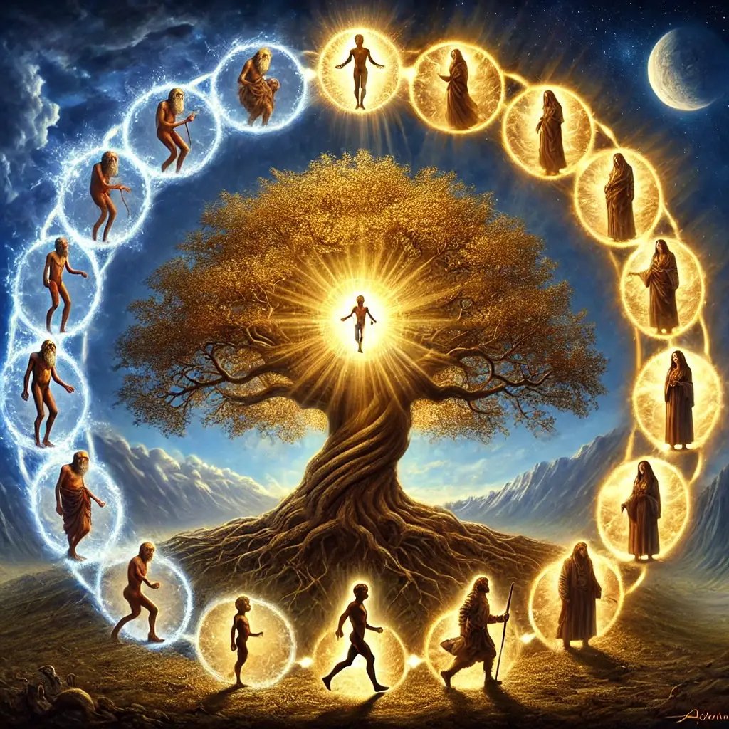 DALL·E 2025-01-04 14.48.29 - Una imagen simbólica que represente la reencarnación. Muestra un ciclo continuo de transformación a través de la imagen de un árbol central cuyas raíc DALL·E 2025-01-04 14.48.29 - Una imagen simbólica que represente la reencarnación. Muestra un ciclo continuo de transformación a través de la imagen de un árbol central cuyas raíc