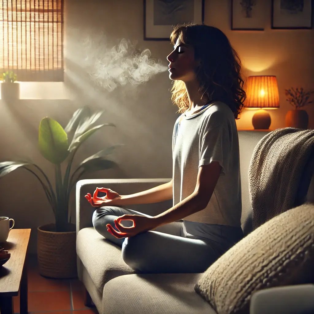 DALL·E 2025-01-04 14.56.01 - Una imagen cotidiana que represente un ejercicio de respiración consciente. Muestra a una persona sentada en un sofá o una silla cómoda, con las manos