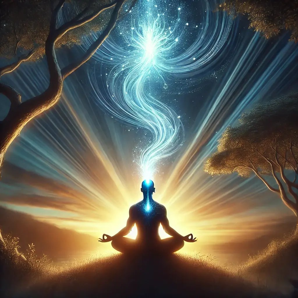 DALL·E 2025-01-04 14.59.30 - Una imagen realista que represente una meditación de conexión con el alma. Muestra a una persona sentada en posición de meditación, con los ojos cerra