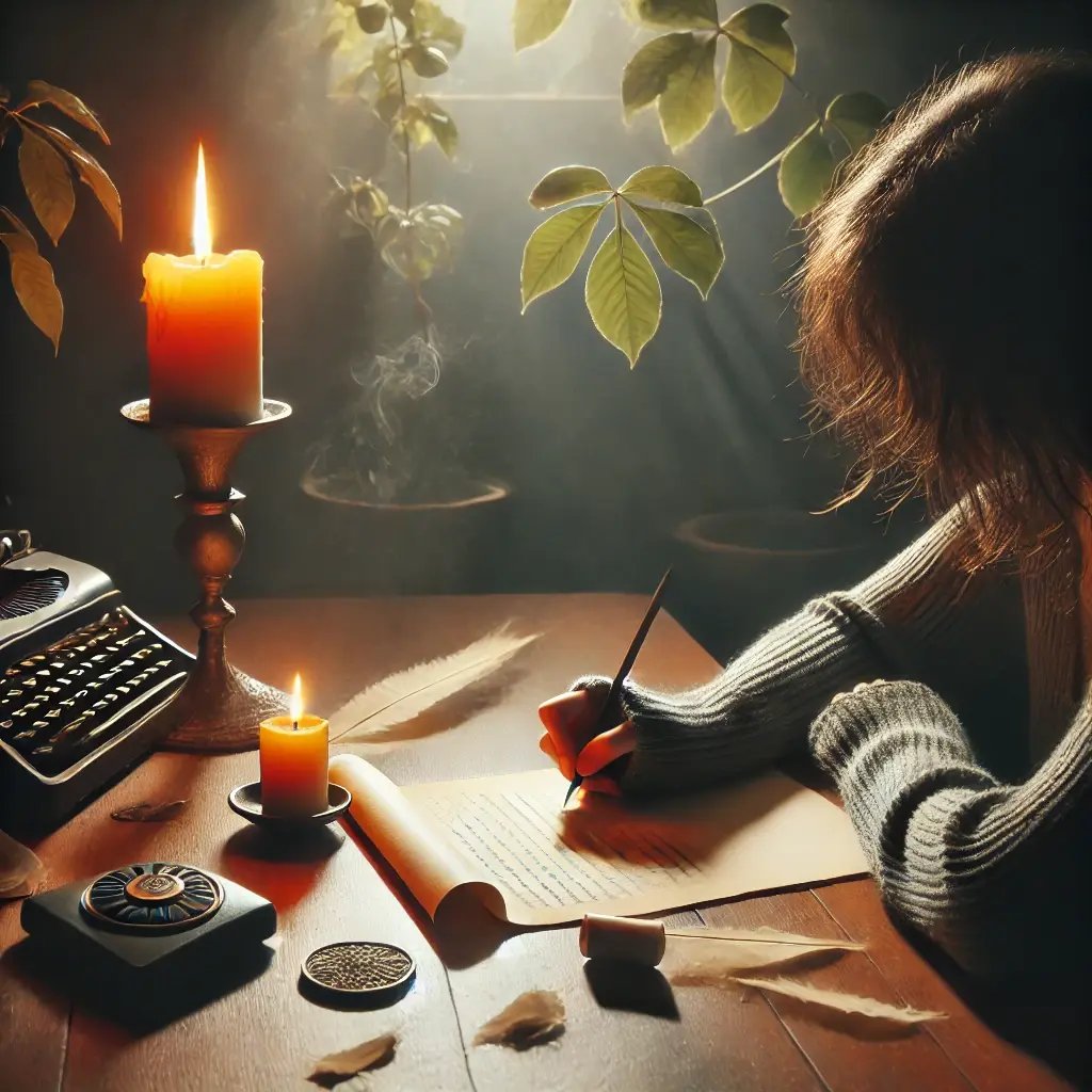 DALL·E 2025-01-04 15.00.22 - Una imagen realista que represente un ejercicio de perdón y liberación emocional. Muestra a una persona sentada en una mesa, escribiendo en una hoja d