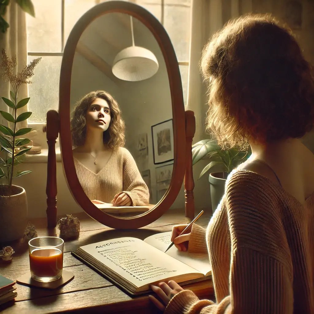 DALL·E 2025-01-04 15.01.16 - Una imagen realista que represente la práctica de afirmaciones diarias. Muestra a una persona de pie frente a un espejo en una habitación iluminada po DALL·E 2025-01-04 15.01.16 - Una imagen realista que represente la práctica de afirmaciones diarias. Muestra a una persona de pie frente a un espejo en una habitación iluminada po