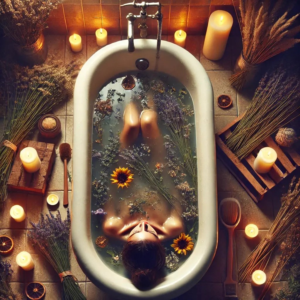 DALL·E 2025-01-04 15.02.00 - Una imagen realista que represente un baño de limpieza energética. Muestra una bañera sencilla llena de agua tibia, rodeada de elementos naturales com